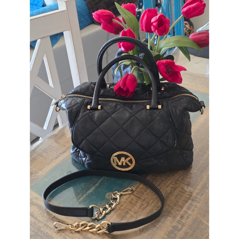 Michael Kors Quilted Leather Satchel Handbag Black Gold Chain Strap